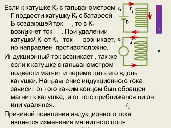 Если к катушке К₂ с гальванометром Г подвести катушку К₁ с