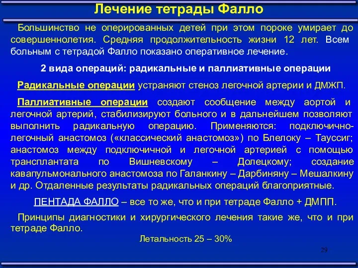 Лечение тетрады Фалло Большинство не оперированных детей при этом пороке умирает