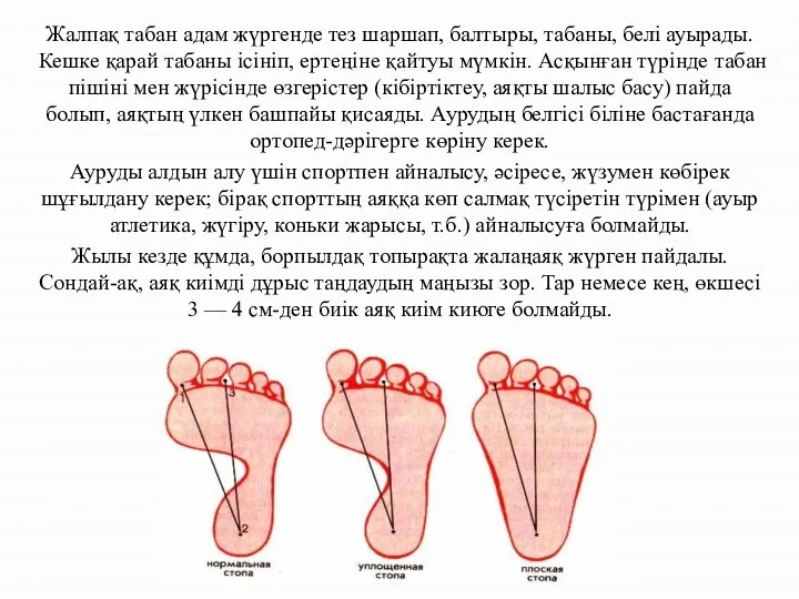 Жалпақ табан адам жүргенде тез шаршап, балтыры, табаны, белі ауырады. Кешке