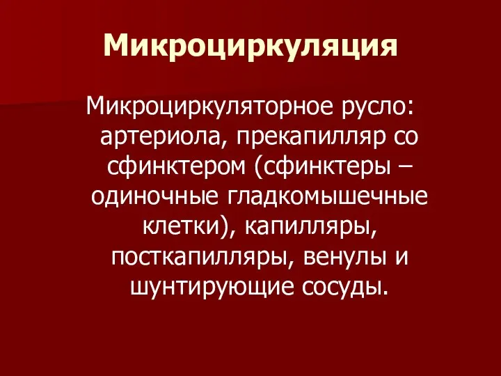 Микроциркуляция Микроциркуляторное русло: артериола, прекапилляр со сфинктером (сфинктеры – одиночные гладкомышечные