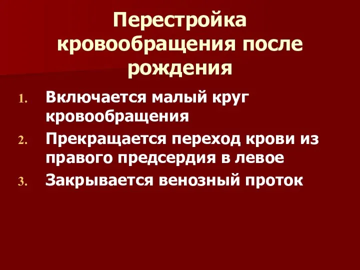 Перестройка кровообращения после рождения Включается малый круг кровообращения Прекращается переход крови