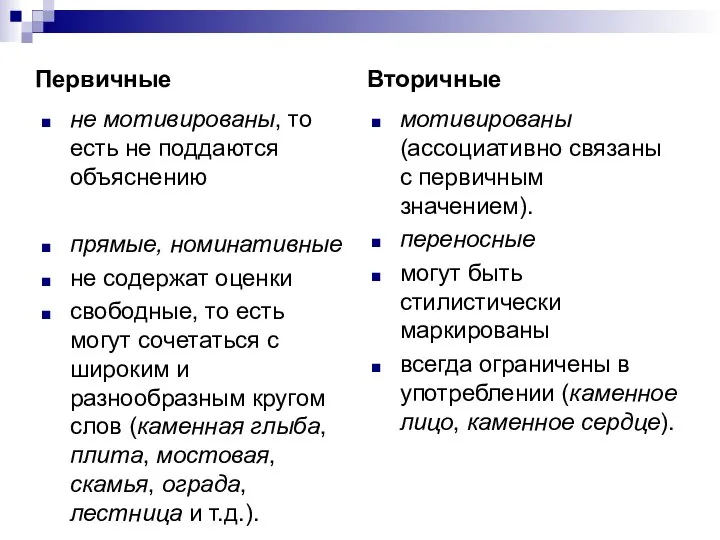 Первичные не мотивированы, то есть не поддаются объяснению прямые, номинативные не