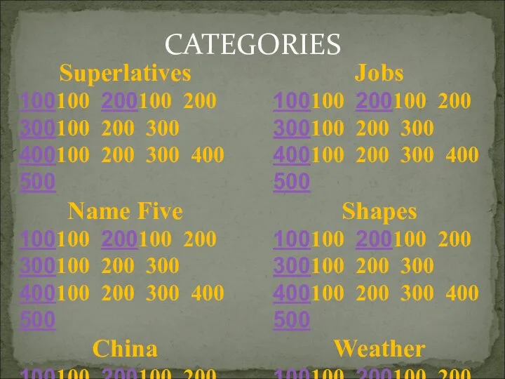 Superlatives 100100 200100 200 300100 200 300 400100 200 300 400