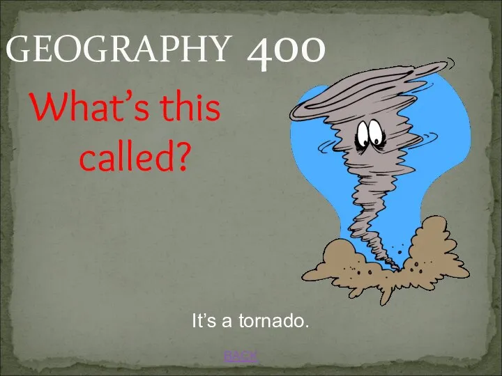 BACK GEOGRAPHY 400 What’s this called? It’s a tornado.