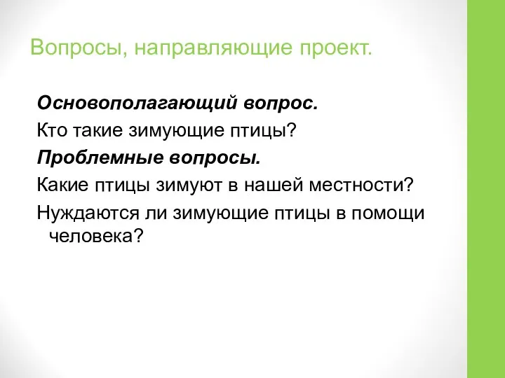 Вопросы, направляющие проект. Основополагающий вопрос. Кто такие зимующие птицы? Проблемные вопросы.