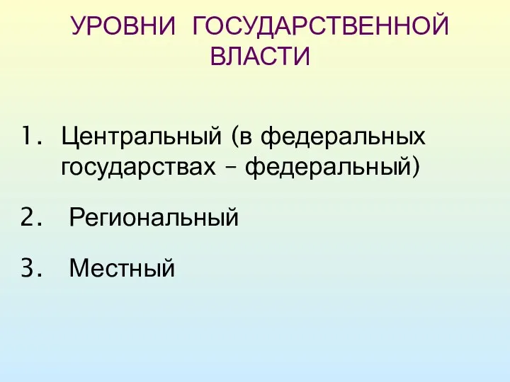 УРОВНИ ГОСУДАРСТВЕННОЙ ВЛАСТИ Центральный (в федеральных государствах – федеральный) Региональный Местный