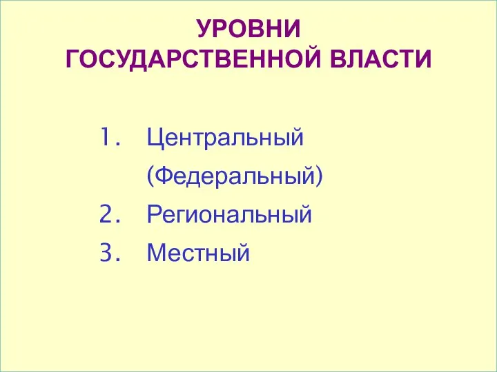 Центральный (Федеральный) Региональный Местный УРОВНИ ГОСУДАРСТВЕННОЙ ВЛАСТИ