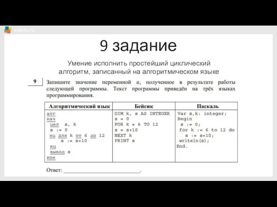 9 задание Умение исполнить простейший циклический алгоритм, записанный на алгоритмическом языке