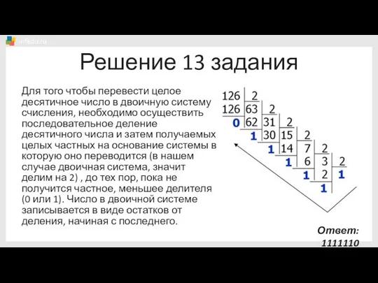 Решение 13 задания Для того чтобы перевести целое десятичное число в