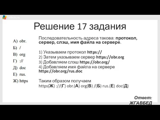 Решение 17 задания Последовательность адреса такова: протокол, сервер, слэш, имя файла