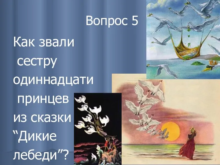 Вопрос 5 Как звали сестру одиннадцати принцев из сказки “Дикие лебеди”?