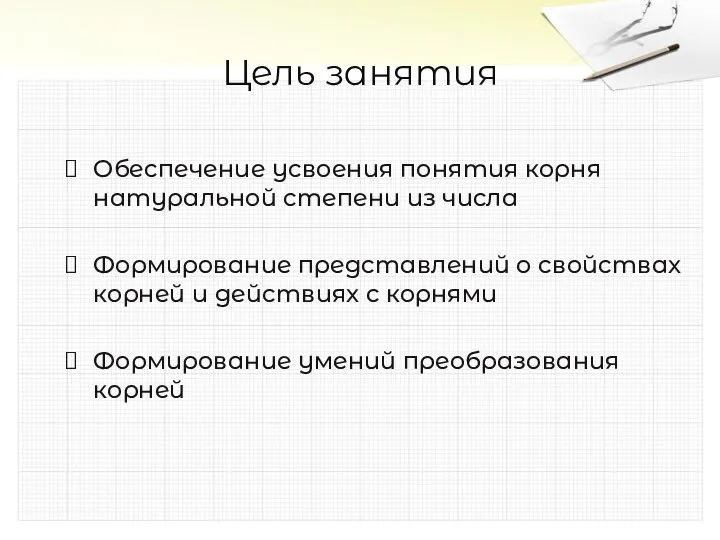 Цель занятия Обеспечение усвоения понятия корня натуральной степени из числа Формирование