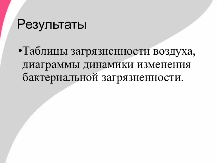 Результаты Таблицы загрязненности воздуха, диаграммы динамики изменения бактериальной загрязненности.