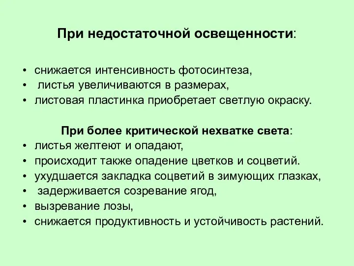 При недостаточной освещенности: снижается интенсивность фотосинтеза, листья увеличиваются в размерах, листовая