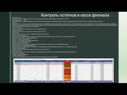 Контроль остатков в кассе филиала Кассовый остаток Ежедневный остаток денежной наличности