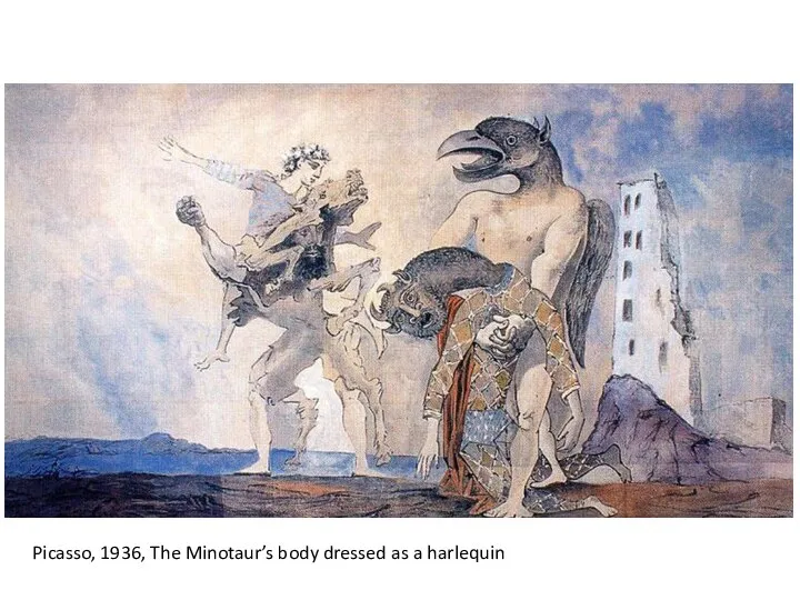 Picasso, 1936, The Minotaur’s body dressed as a harlequin