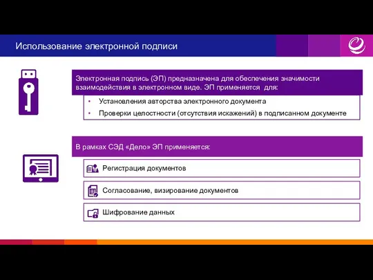 Использование электронной подписи Электронная подпись (ЭП) предназначена для обеспечения значимости взаимодействия