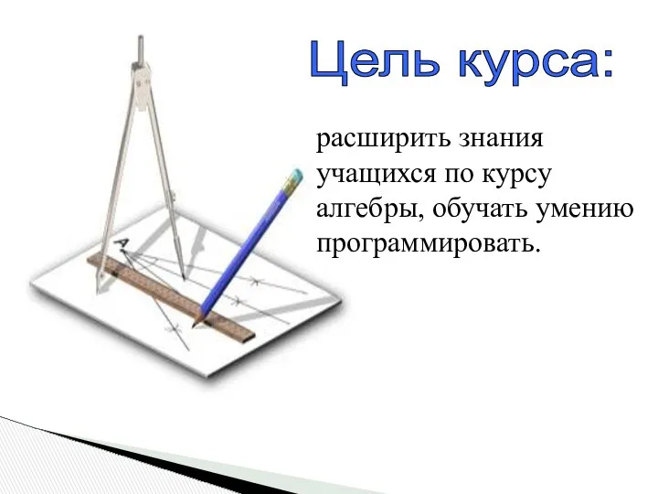 Цель курса: расширить знания учащихся по курсу алгебры, обучать умению программировать.