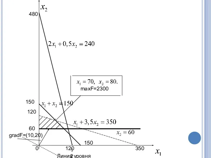 0 120 480 150 120 120 150 60 350 maxF=2300 Линия уровня gradF=(10,20)