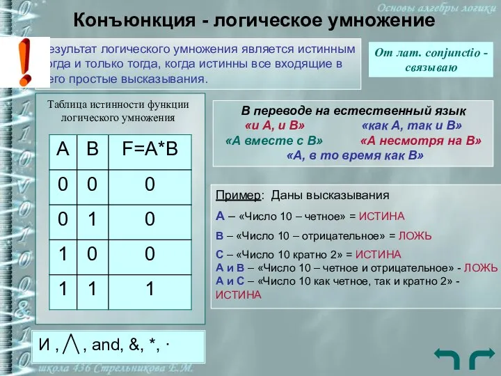 Конъюнкция - логическое умножение От лат. conjunctio - связываю Результат логического