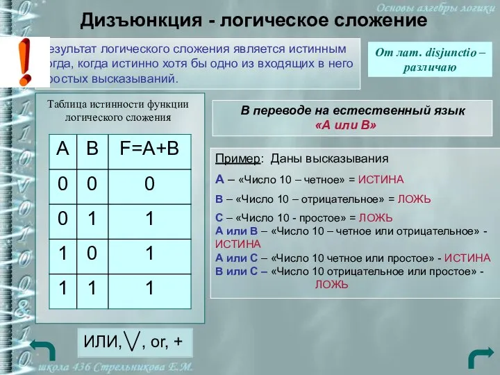 Дизъюнкция - логическое сложение От лат. disjunctio – различаю Результат логического