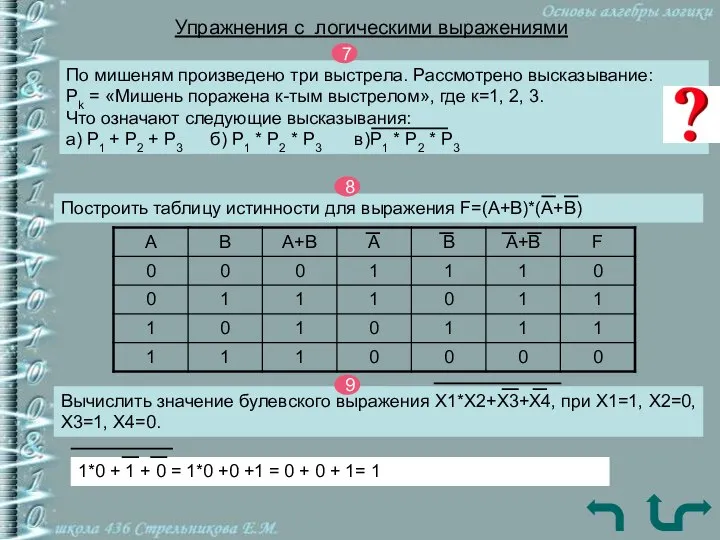 Упражнения c логическими выражениями По мишеням произведено три выстрела. Рассмотрено высказывание: