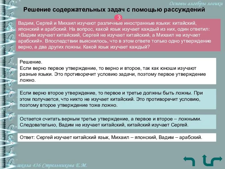 Решение содержательных задач с помощью рассуждений Вадим, Сергей и Михаил изучают