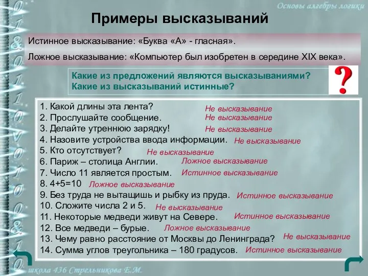 Примеры высказываний Истинное высказывание: «Буква «А» - гласная». Ложное высказывание: «Компьютер