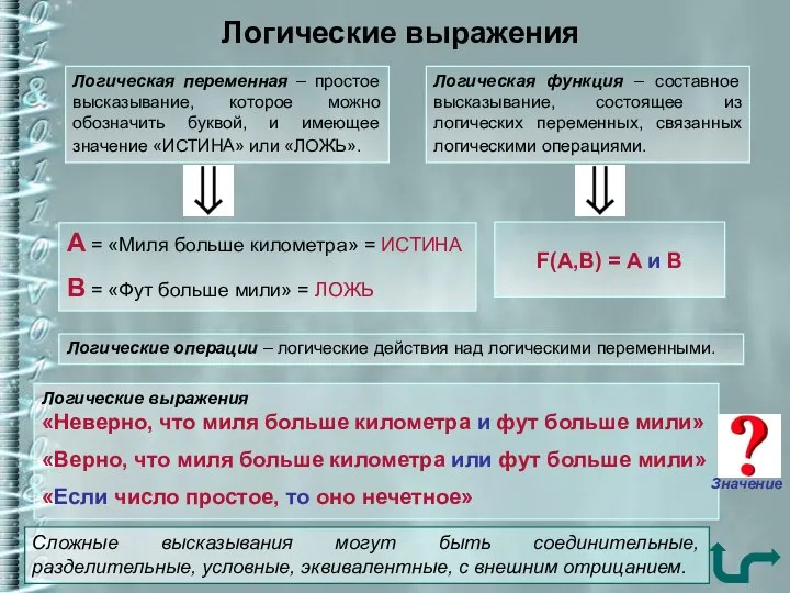 Логические выражения Логическая переменная – простое высказывание, которое можно обозначить буквой,