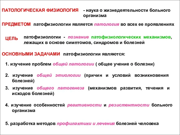 ПАТОЛОГИЧЕСКАЯ ФИЗИОЛОГИЯ - наука о жизнедеятельности больного организма ПРЕДМЕТОМ патофизиологии является