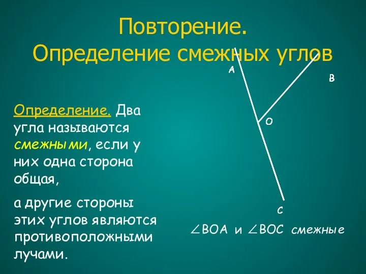 Повторение. Определение смежных углов Определение. Два угла называются смежными, если у