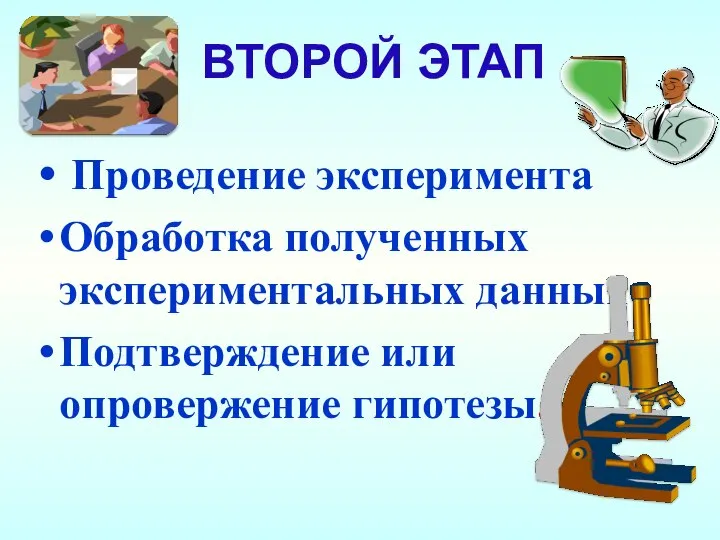 ВТОРОЙ ЭТАП Проведение эксперимента Обработка полученных экспериментальных данных Подтверждение или опровержение гипотезы.