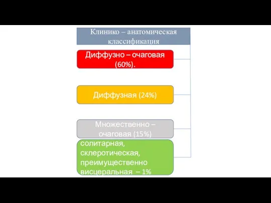 Диффузно – очаговая (60%). Диффузная (24%) Множественно – очаговая (15%) солитарная,