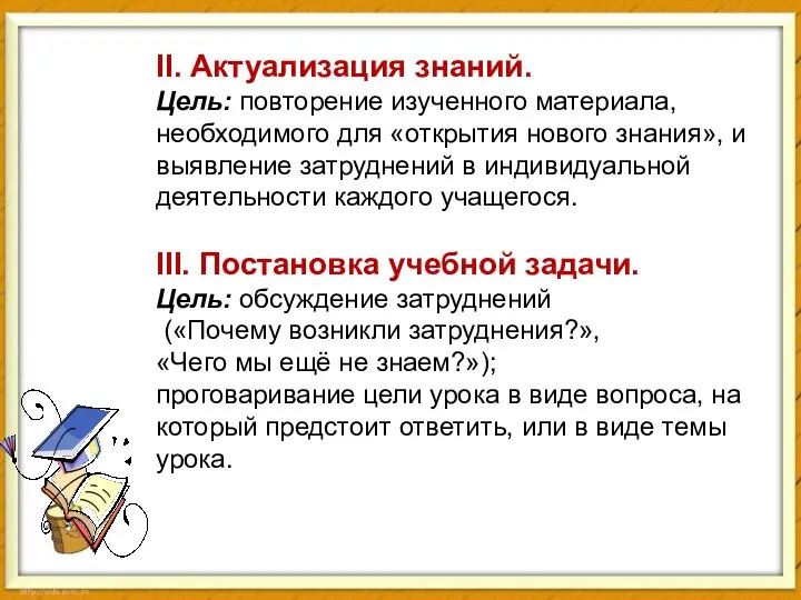 II. Актуализация знаний. Цель: повторение изученного материала, необходимого для «открытия нового