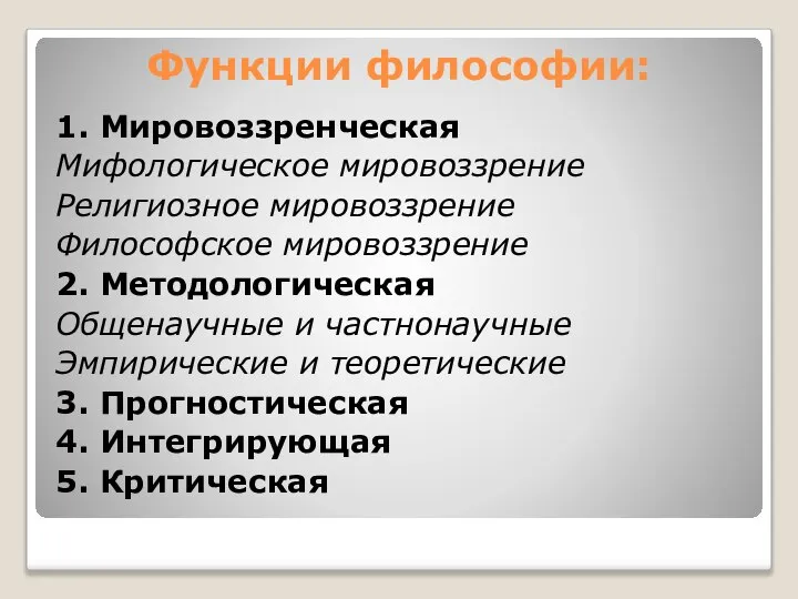 Функции философии: 1. Мировоззренческая Мифологическое мировоззрение Религиозное мировоззрение Философское мировоззрение 2.