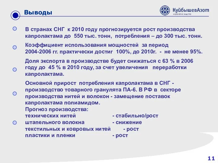 11 Выводы В странах СНГ к 2010 году прогнозируется рост производства