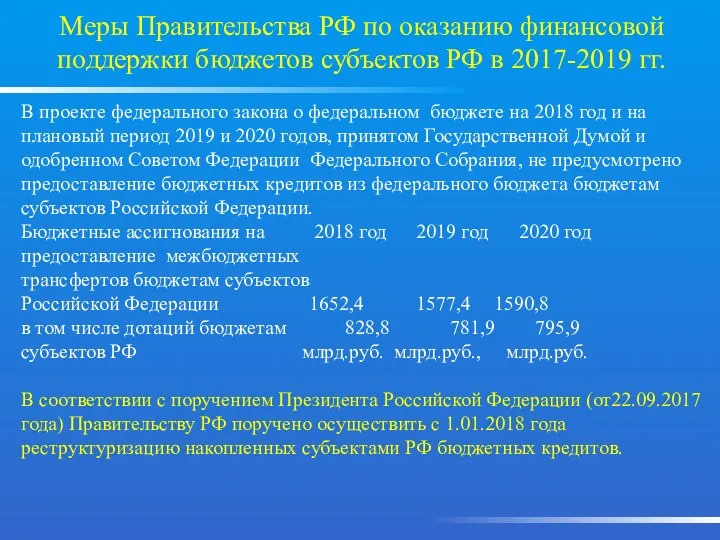 Меры Правительства РФ по оказанию финансовой поддержки бюджетов субъектов РФ в