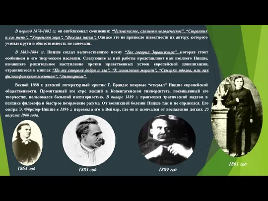 В период 1878-1882 гг. он опубликовал сочинения: “Человеческое, слишком человеческое”, “Странник