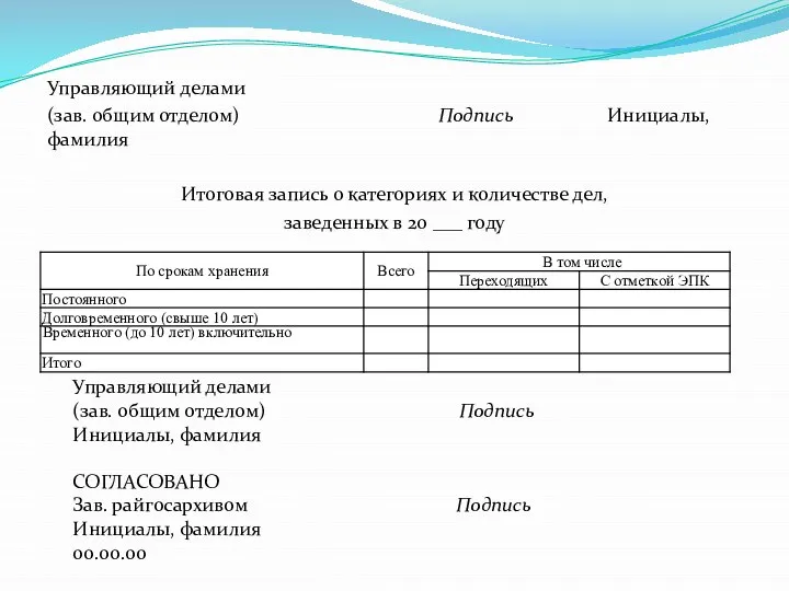 Управляющий делами (зав. общим отделом) Подпись Инициалы, фамилия Итоговая запись о