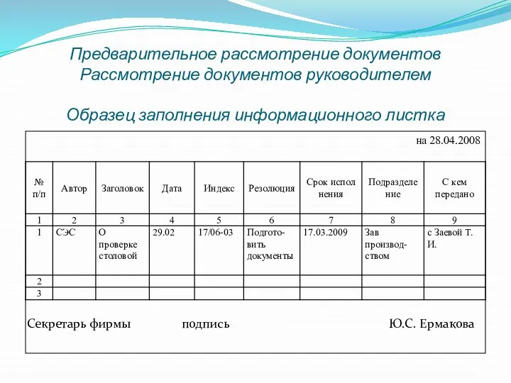 Предварительное рассмотрение документов Рассмотрение документов руководителем Образец заполнения информационного листка на