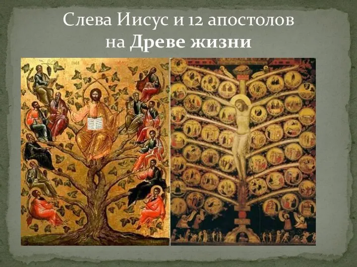 Слева Иисус и 12 апостолов на Древе жизни