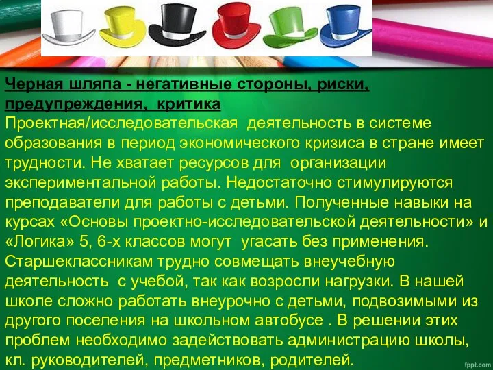 Черная шляпа - негативные стороны, риски, предупреждения, критика Проектная/исследовательская деятельность в