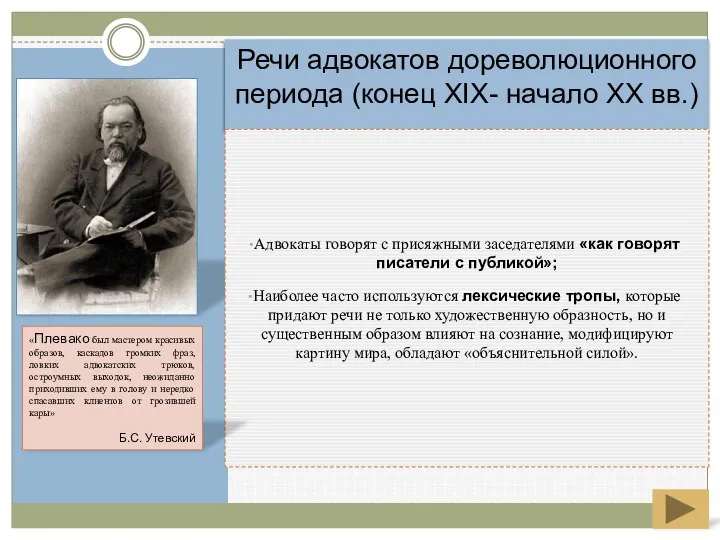 Речи адвокатов дореволюционного периода (конец XIX- начало XX вв.) Адвокаты говорят