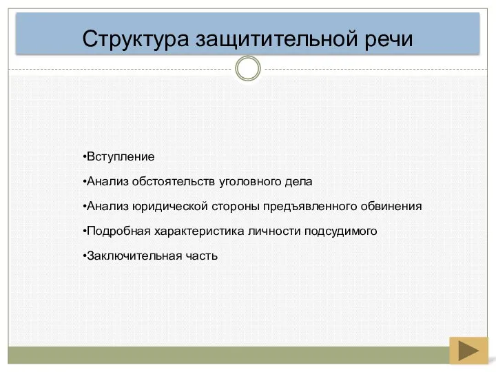 Структура защитительной речи Вступление Анализ обстоятельств уголовного дела Анализ юридической стороны