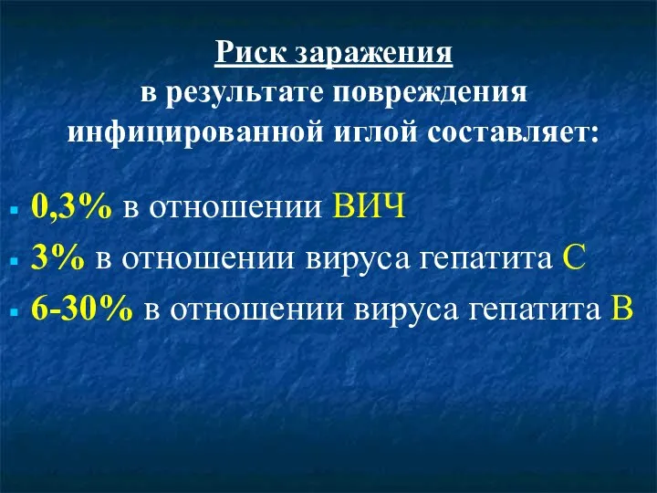 Риск заражения в результате повреждения инфицированной иглой составляет: 0,3% в отношении