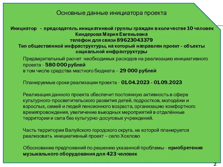 Основные данные инициатора проекта Инициатор - председатель инициатинвой группы граждан в