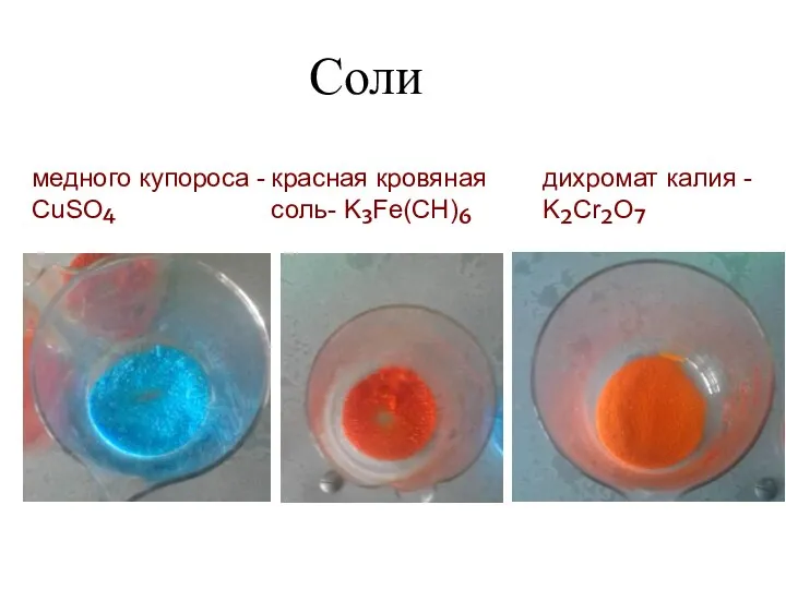 медного купороса - CuSO₄ дихромат калия - K₂Cr₂O₇ красная кровяная соль- K₃Fe(CH)₆ Соли