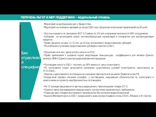 ПЕРЕЧЕНЬ ЛЬГОТ И МЕР ПОДДЕРЖКИ – ФЕДЕРАЛЬНЫЙ УРОВЕНЬ Без отраслевой специфики