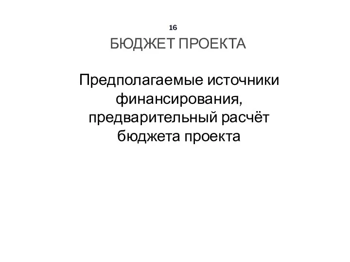 БЮДЖЕТ ПРОЕКТА 16 Предполагаемые источники финансирования, предварительный расчёт бюджета проекта