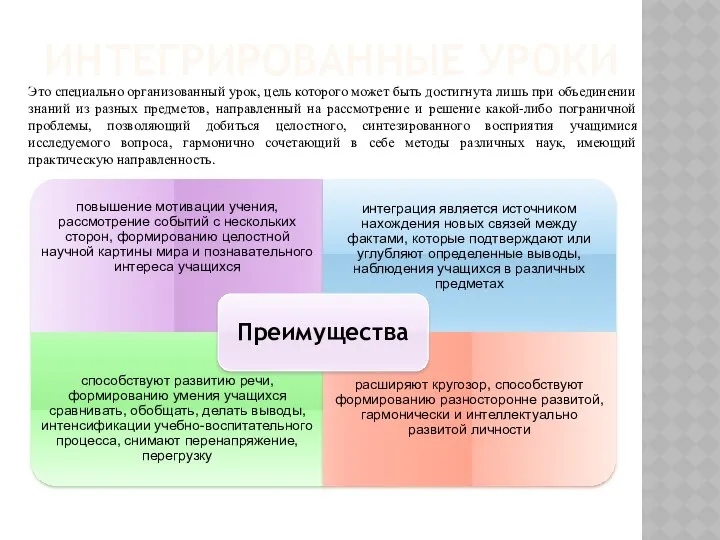 ИНТЕГРИРОВАННЫЕ УРОКИ Это специально организованный урок, цель которого может быть достигнута